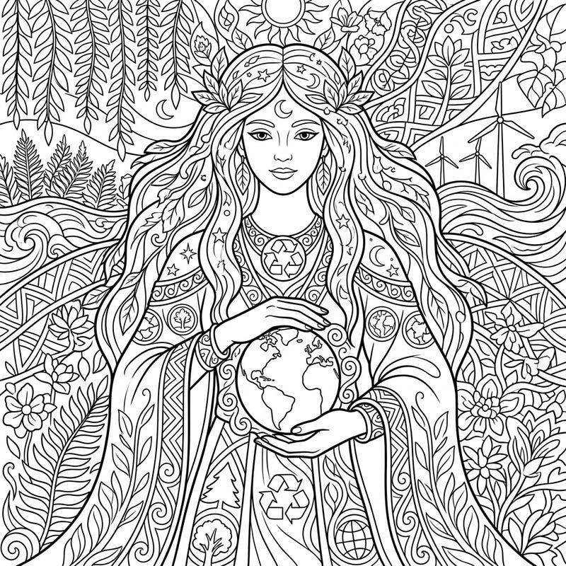 Bring our planet's spirit to life with this intricate Earth Day personification coloring page. Featuring a benevolent nature deity cradling the Earth, it's perfect for celebrating environmental awareness.