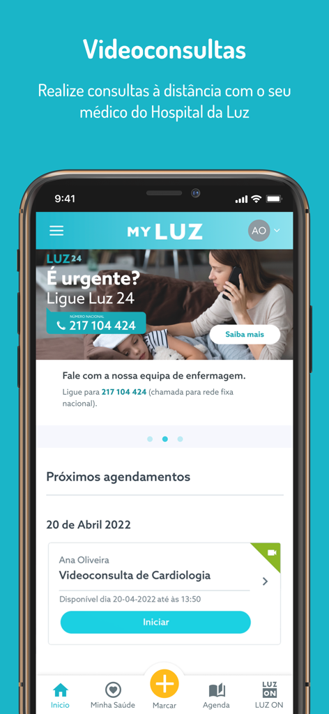 Ecrã de smartphone da aplicação MY LUZ mostrando uma videoconsulta de cardiologia agendada e detalhes de contacto de emergência do Hospital da Luz.