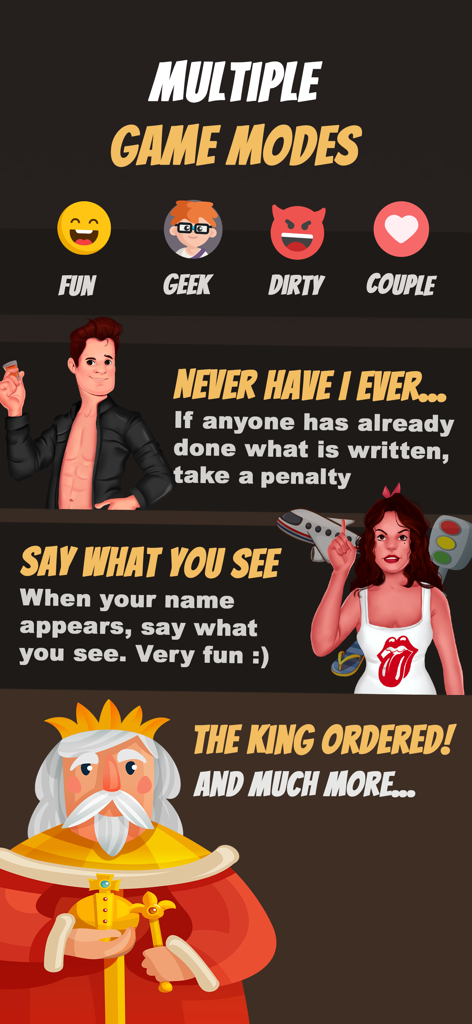 Hey, Dare! Adult Party Games - Captura de pantalla de la aplicación Hey Dare que muestra múltiples modos de juego como Nunca He Hecho y El Rey Ordenó con coloridas ilustraciones de personajes