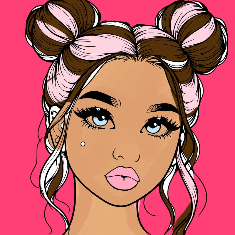 realistic girl with two buns on her hair and lips
