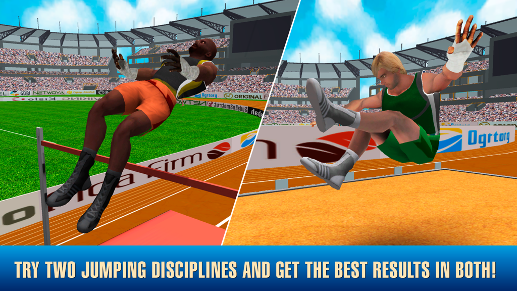 Athletics High Jump Contest - Split screen view of high jump and long jump gameplay in a 3D sports simulation game