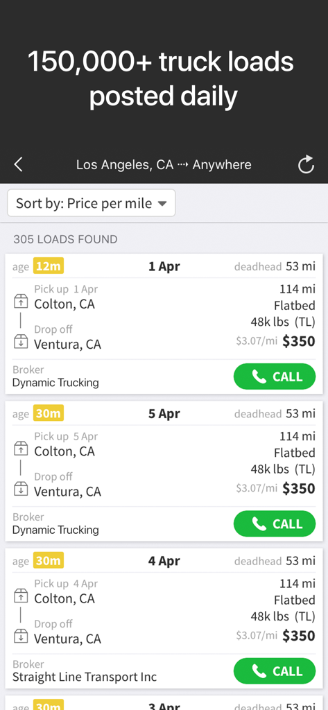 Doftロードボードアプリのインターフェース。ルートと価格の詳細が表示された利用可能なトラック積荷が表示されています。