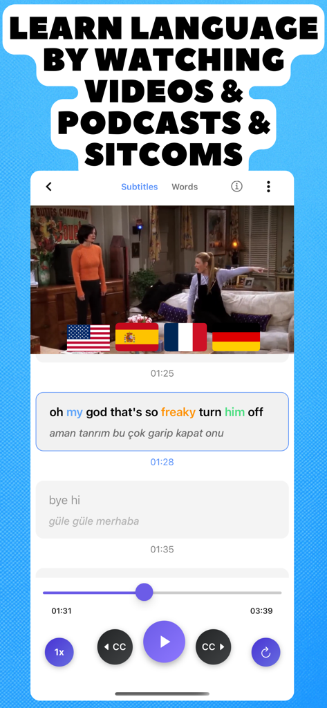Lingosive - Learn With Videos - Interfaz de la aplicación Lingosive mostrando aprendizaje de idiomas con videos de comedias de situación y subtítulos codificados por colores.