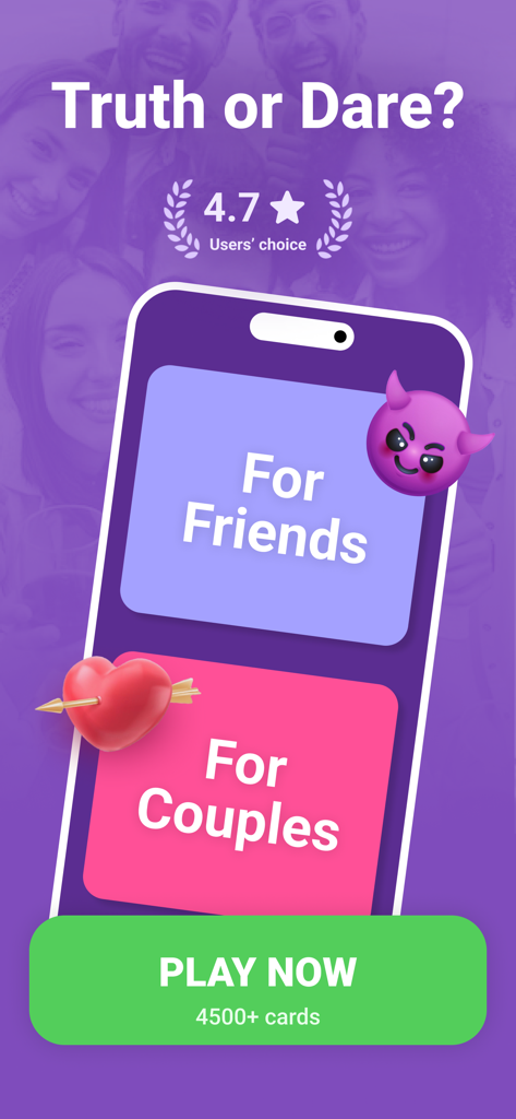 Truth or Dare app interface showing game modes for friends and couples