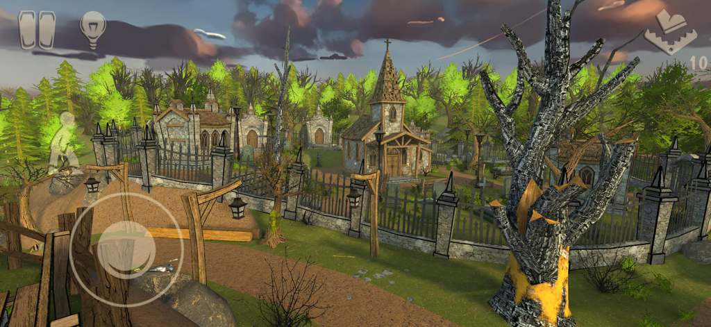 Horror Tale 3: The Witch - Vista en primera persona de un cementerio espeluznante con una pequeña iglesia de piedra y un fantasma brillante en Horror Tale 3