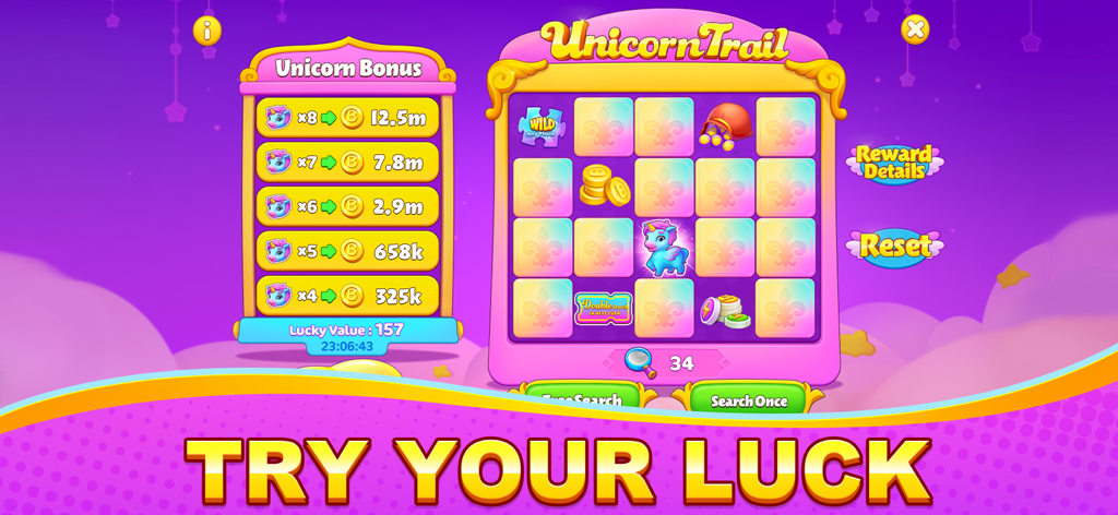 Bingo Wild-Classic Bingo Games - Unicorn Trail bonus game screen in Bingo Wild showing various coin rewards