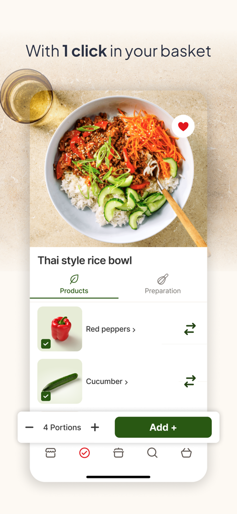 Picnic app interface showing a Thai style rice bowl recipe with a list of ingredients and a one-click add to basket button.