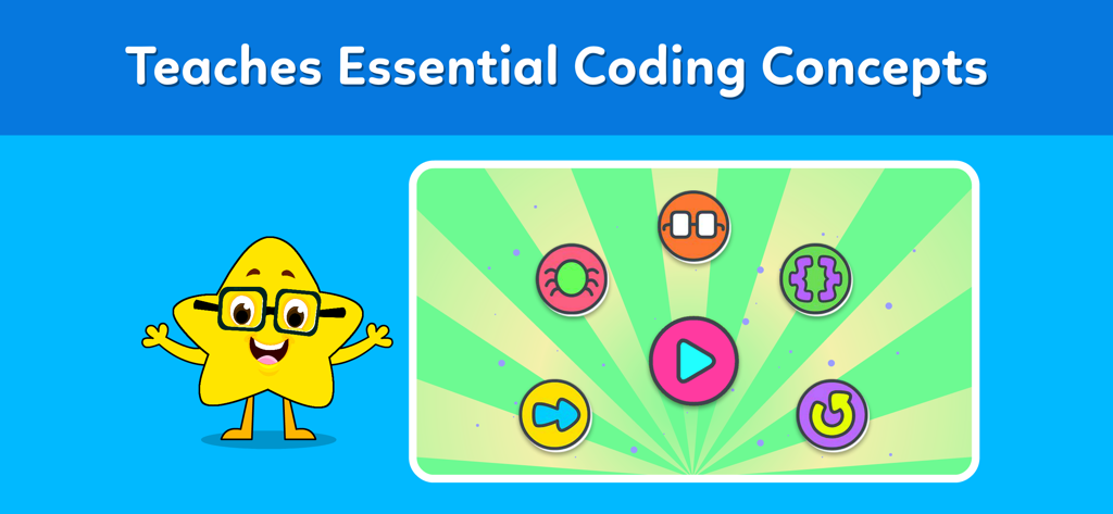 Pantalla 'Enseña Conceptos Esenciales de Codificación' con iconos de codificación y una mascota de personaje de estrella