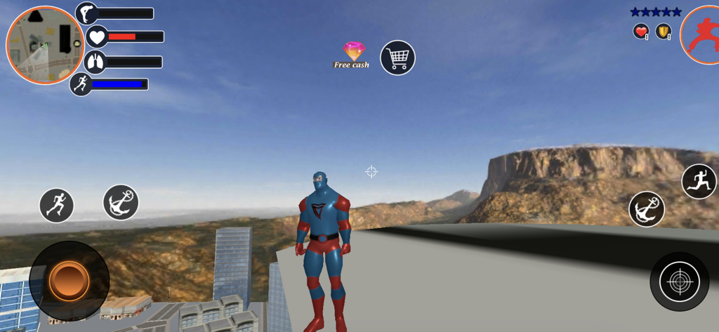 Spider Rope Hero | Robot Fight - Superhero in blue and red suit standing on a rooftop in a 3D open world game