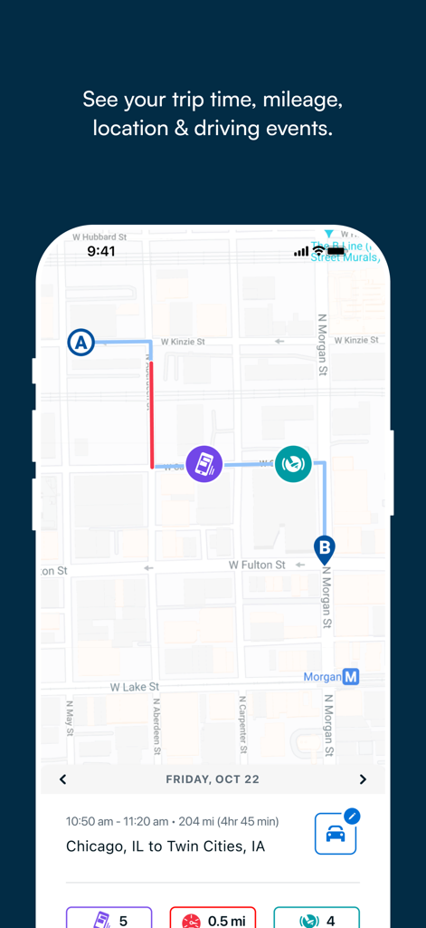 Routely℠ - Routely app interface showing a trip map with driving events such as phone usage and hard braking