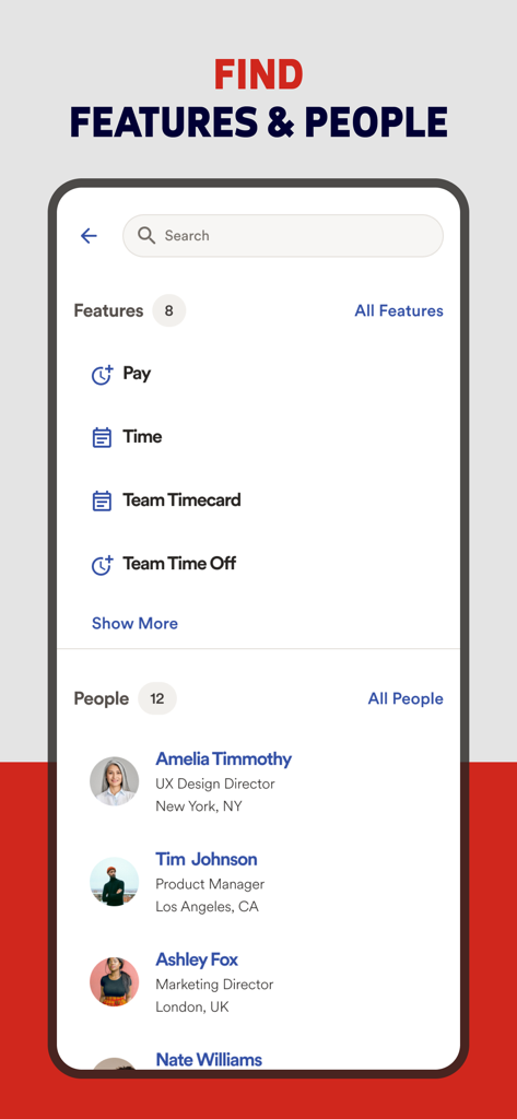ADP Mobile Solutions app search screen showing HR features like pay and time tracking alongside an employee directory.