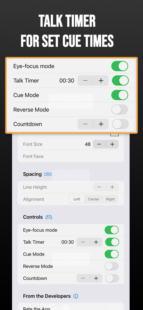 Teleprompter Pro X For Video - Teleprompter Pro X settings interface showing talk timer and cue mode options