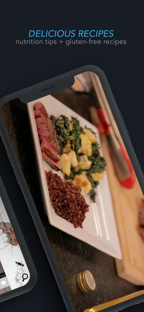 DDP Yoga app screenshot showing delicious gluten-free recipes and nutrition tips.