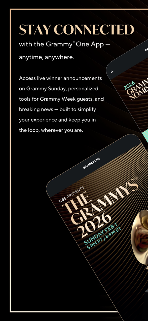 Grammy One - Schermata promozionale per l'app Grammy One con l'annuncio dei Grammy Awards 2026 e il messaggio "rimani connesso"