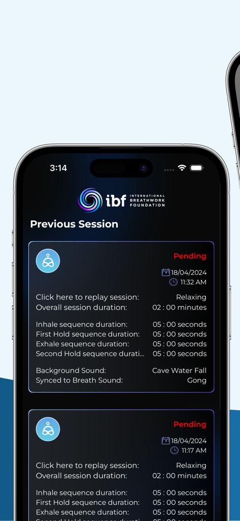 IBF Breathing App - IBF Breathing App previous sessions screen with detailed breathing sequence settings