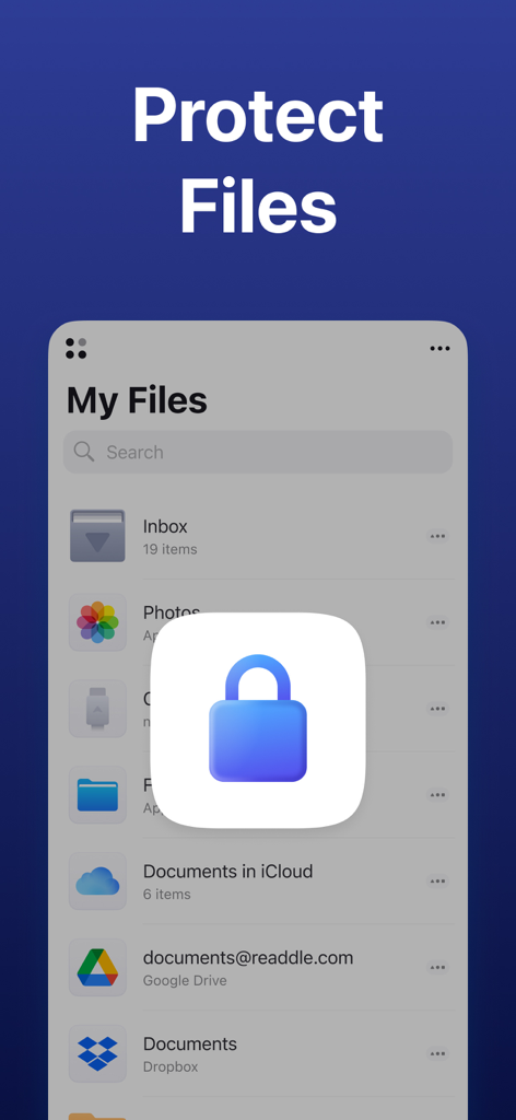Interface of the Documents app showing a blue padlock icon overlaid on a file list with the title Protect Files