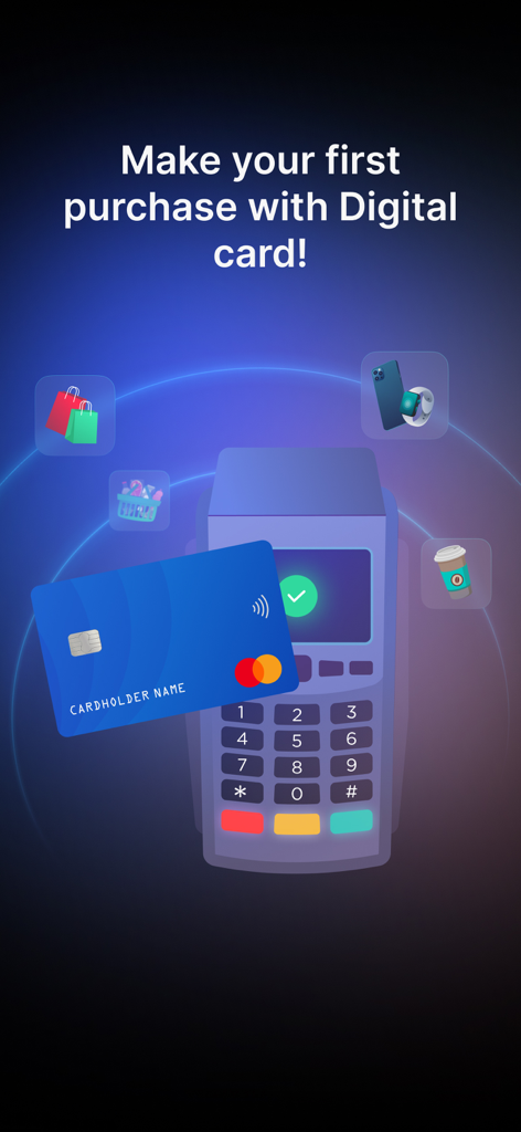 Quicko Digital - Illustration of a Quicko Digital card making a contactless purchase on a payment terminal