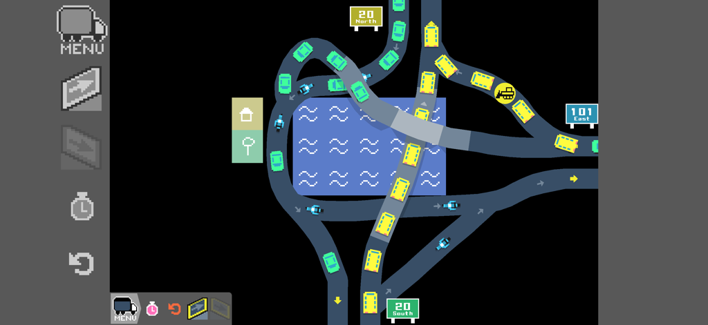 Minimalist top-down view of a hand-drawn highway interchange with cars and overpasses in Freeways