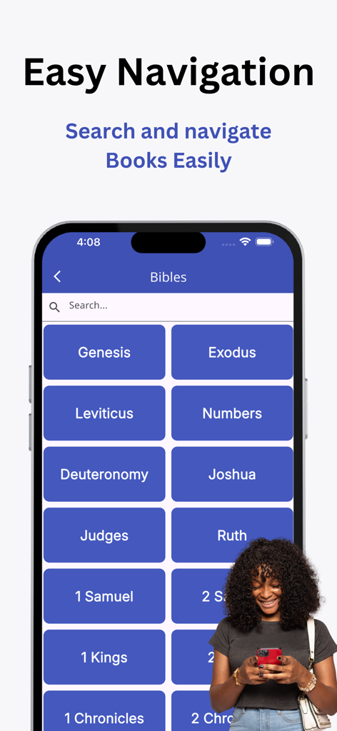 Good News Bible app screen showing easy navigation through the books of the Bible