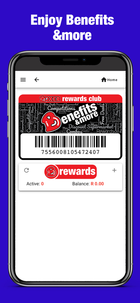 Boxer - Digital Boxer Rewards Club card with a barcode and rewards balance display.