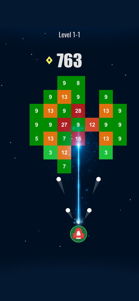 Vaisseau spatial tirant un laser bleu sur des blocs ennemis numérotés dans Fire Hero 2D.