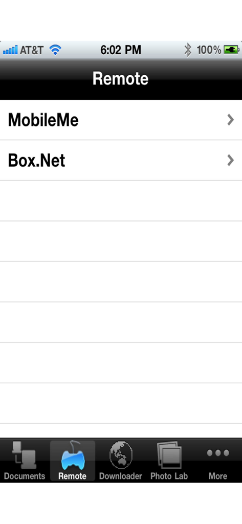 iPhoneでの印刷アプリのリモートストレージ選択画面。MobileMeとBox.Netが表示されています。