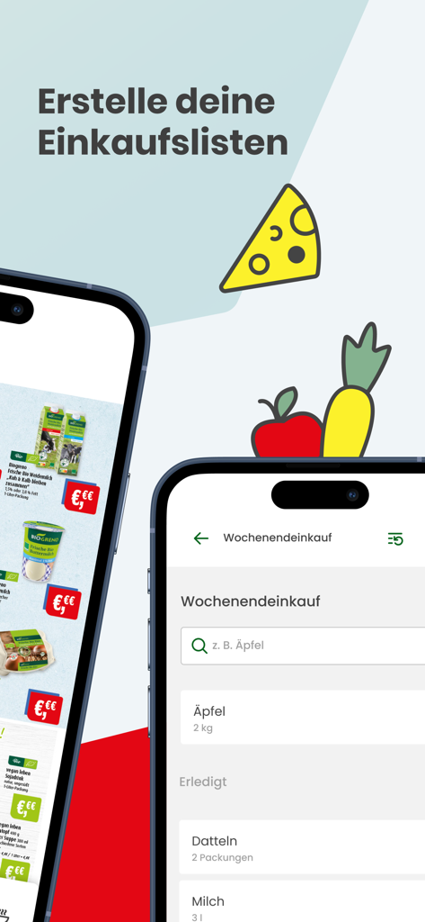 Markant GO - Markant GO mobile app interface for creating and managing grocery shopping lists with digital product offers