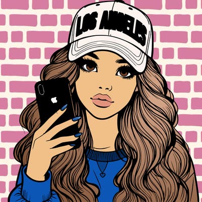 realistic beautiful girl wearing los ángeles cap holding an iphone