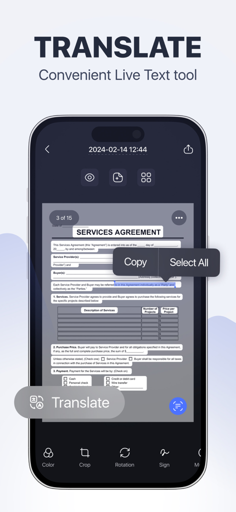 Scan Pro PDF: Document Scanner - Scan Pro PDF app interface demonstrating the Live Text tool and translation feature on a scanned document.