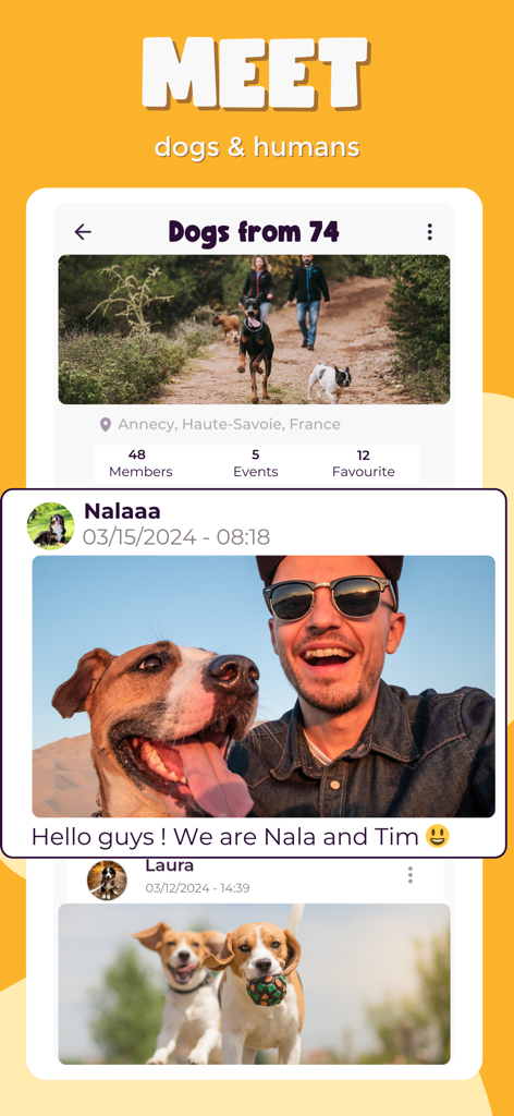 PlayDogs: Walk your dog - Flux social de l'application PlayDogs montrant les profils des propriétaires de chiens et les groupes communautaires locaux