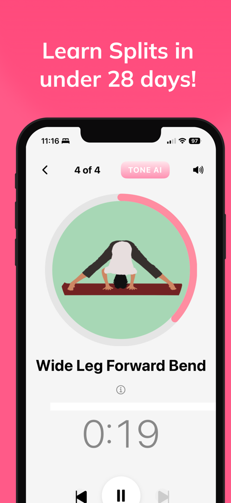 A workout app screen showing a person performing a wide leg forward bend with a countdown timer.