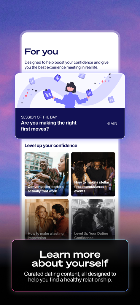 Jigsaw® Dating - 자신감 구축 팁과 데이트 코칭 세션을 특징으로 하는 Jigsaw 데이트 앱의 스크린샷