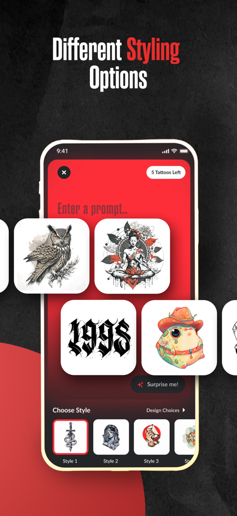 Mobile app interface displaying various AI tattoo styling options including an owl design and gothic text