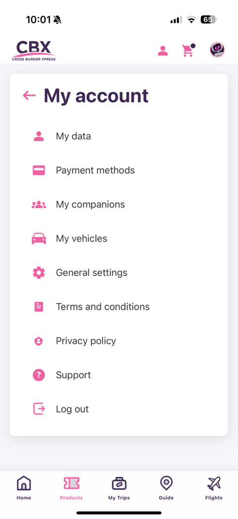 Cross Border Xpress - Menú de configuración de cuenta de la aplicación Cross Border Xpress que muestra el perfil del usuario y las opciones de gestión de viajes
