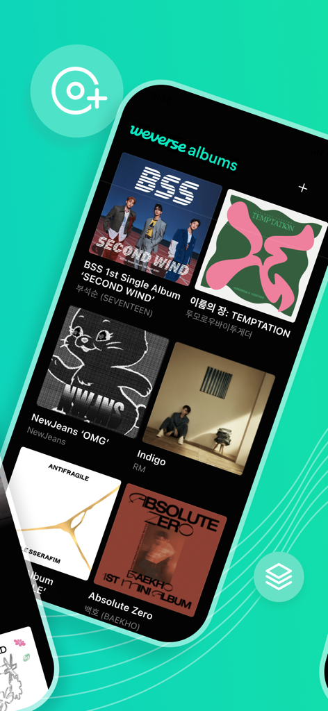 Mobile app interface of Weverse Albums showing a digital collection of K-Pop music albums