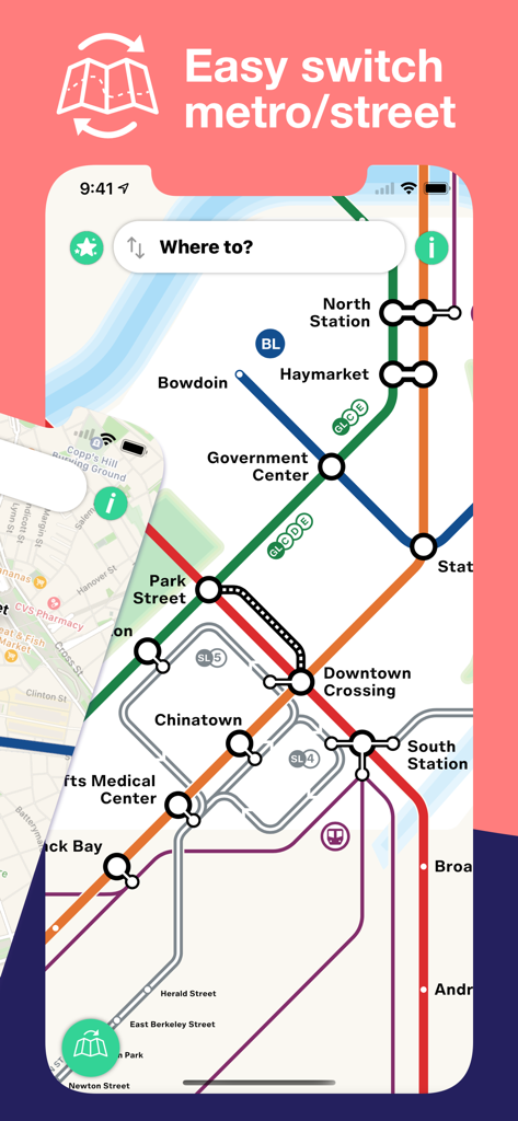 Boston T Subway Map & Routing - Boston T subway map app interface showing metro and street map switch feature