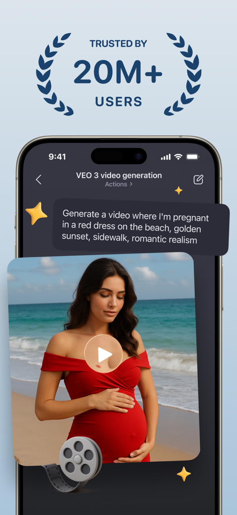 Interfaz de la app AI Chat Assistant mostrando un video generado a partir de una indicación de texto