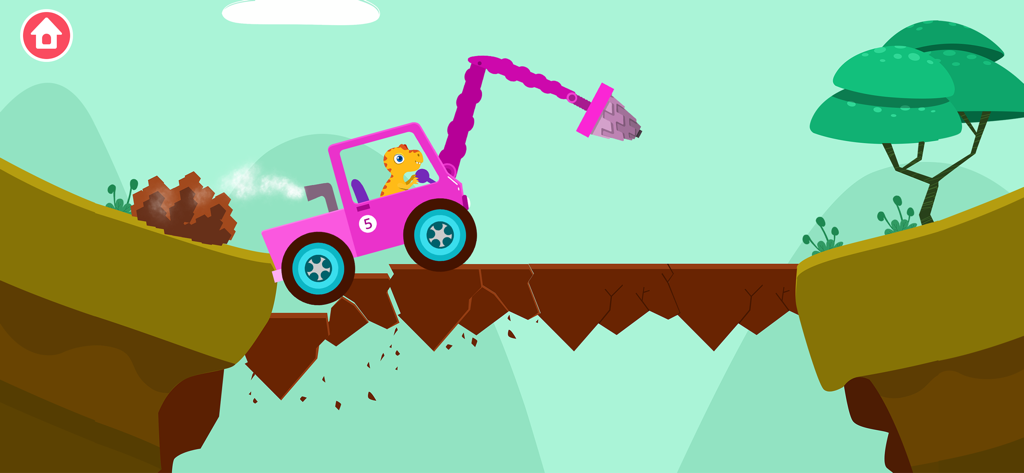 Dinosaur Digger Games for kids - A cartoon dinosaur driving a pink excavator across a crumbling stone bridge