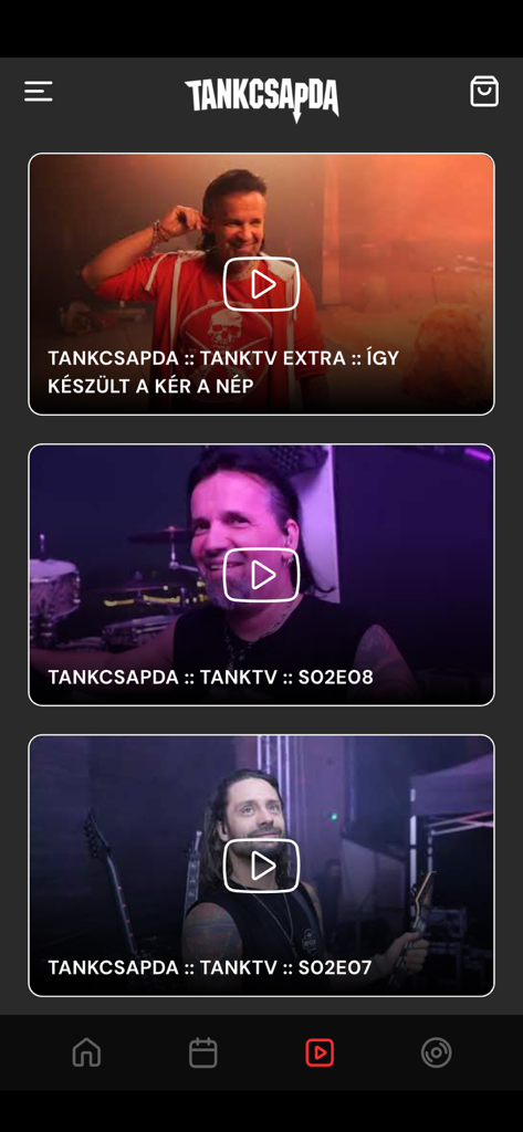 Official Tankcsapda app video gallery featuring TankTV episodes and behind the scenes band footage