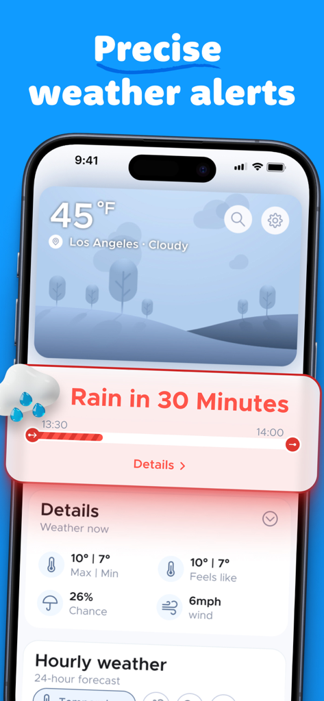 Overdrop - Weather & Widgets - Overdrop app on iPhone showing a precise weather alert for rain in 30 minutes and hourly forecast details