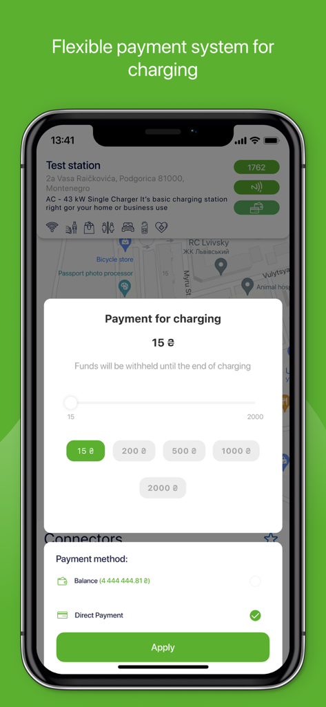 Greencar.me Charge - Interfaz de aplicación móvil que muestra opciones de pago flexibles y métodos de pago directos para la carga de vehículos eléctricos.