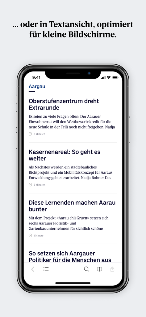 Aargauer Zeitung E-Paper - Smartphone displaying the Aargauer Zeitung E-Paper app in a text-optimized reading mode for news articles.