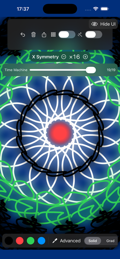 Mirror Drawing Studio - A 16-way symmetrical digital mandala being created in Mirror Drawing Studio showing the Time Machine slider and drawing tools