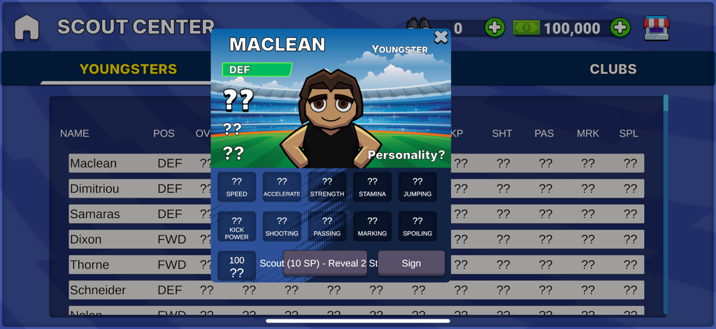 Footy Mayhem - Scout center interface in Footy Mayhem showing a youngster player profile for recruitment.