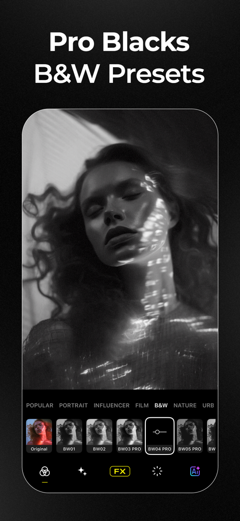 Visual LabX: AI Photo Editor - Visual LabXアプリのプロフェッショナルプリセットを備えた白黒写真編集インターフェース