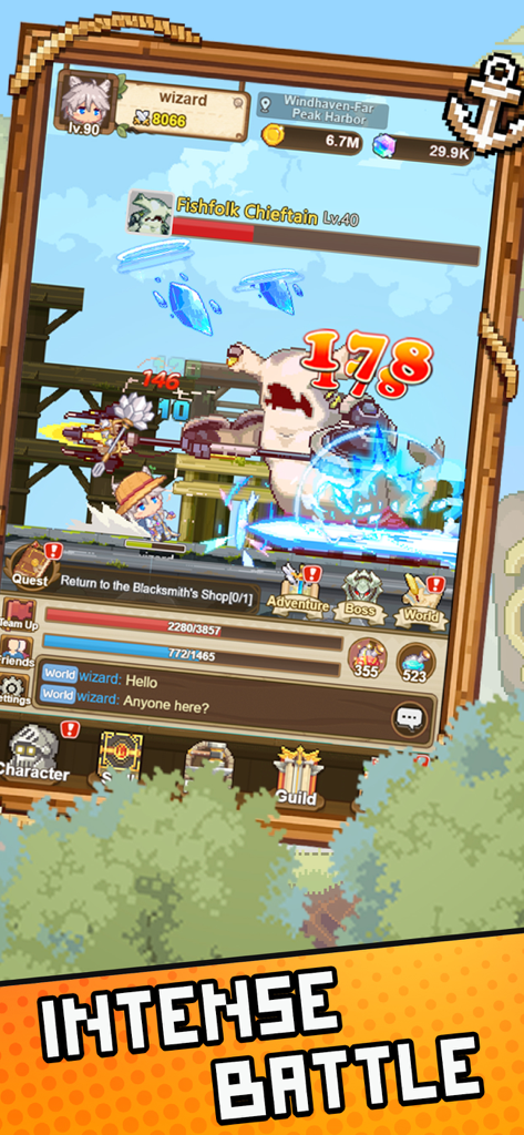 A wizard character engaging in a retro pixel art battle against a Fishfolk Chieftain boss