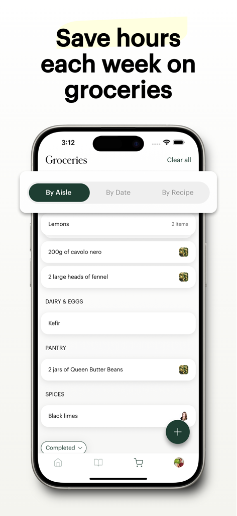 Deglaze: Cooking, Simplified - Mobile app interface showing a grocery list organized by supermarket aisle categories