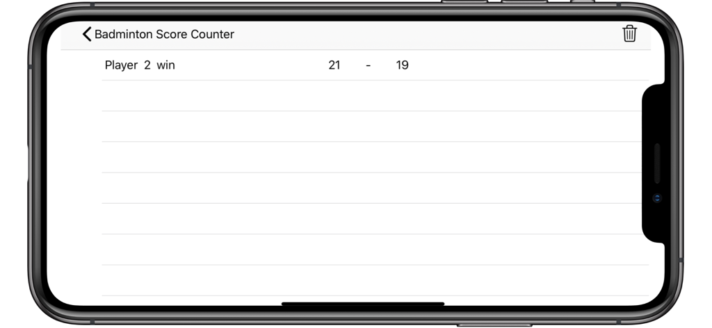 Badminton Score Counter - Badminton Score Counter app match history screen showing a game result