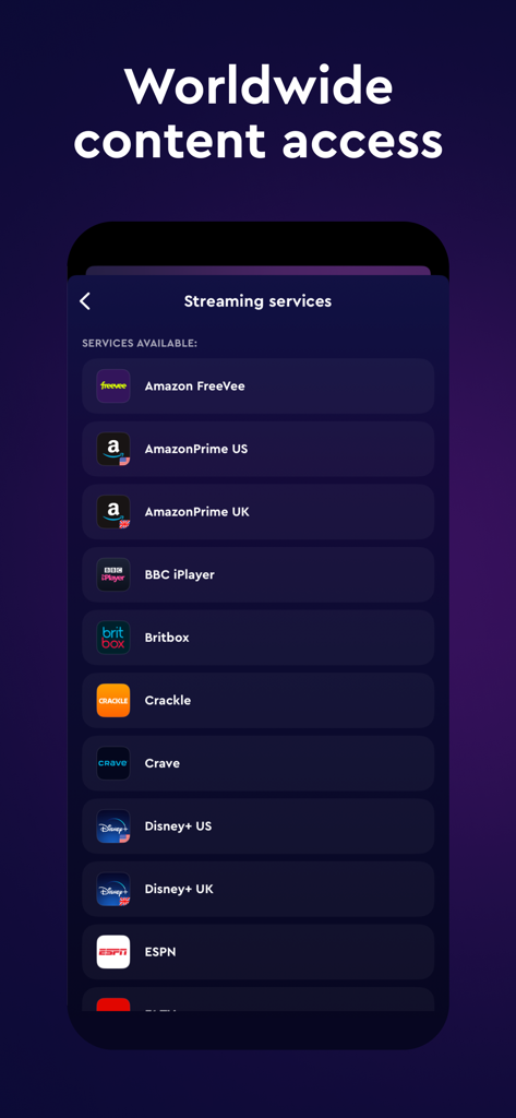 ClearVPN - Secure and Fast VPN - ClearVPNインターフェース。Disney PlusやAmazon Primeなど、世界中のアクセスが可能なストリーミングサービスのリストが表示されています。