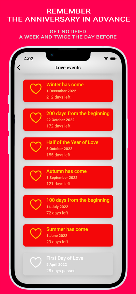 Love - My Relationship Counter - Una lista de próximos hitos y aniversarios de la relación en la aplicación Love.